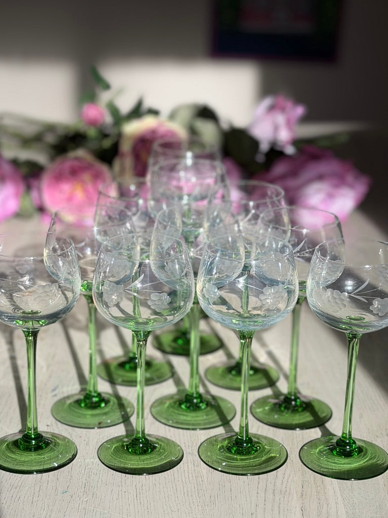 Set of 10 (+1) vintage Elsace wineglasses with light green stem